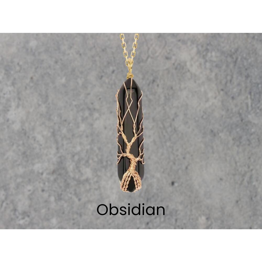 Obsidian Gold Tree of Life Crystal Wrapped Necklace Boho Fairycore